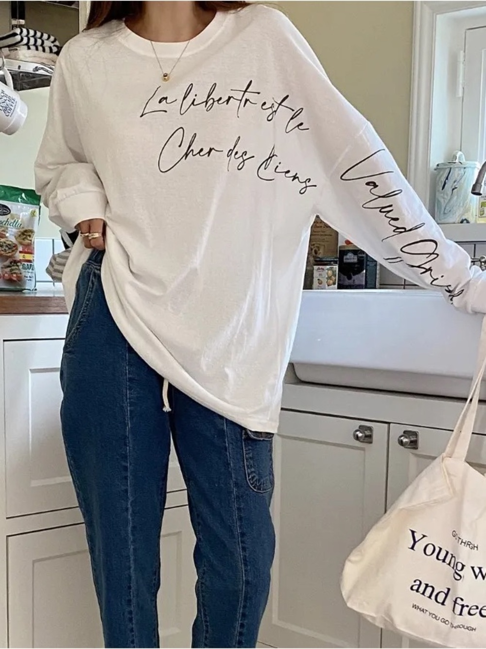 Womens Cream Long Sleeve Graphic Tee with Script Detail